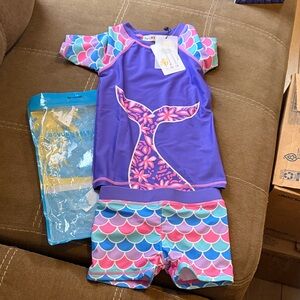 Kids Purple Mermaid Rash Guard Set - Swim Top & Shorts